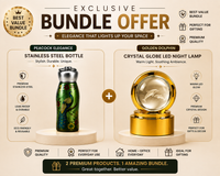 Peacock Elegance Bottle & Golden Globe Lamp Combo | Stainless Steel Bottle + Crystal LED Night Lamp Gift Set
