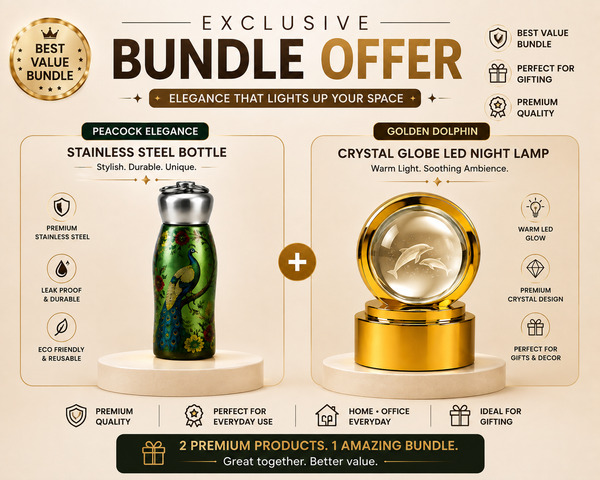 Peacock Elegance Bottle & Golden Globe Lamp Combo | Stainless Steel Bottle + Crystal LED Night Lamp Gift Set