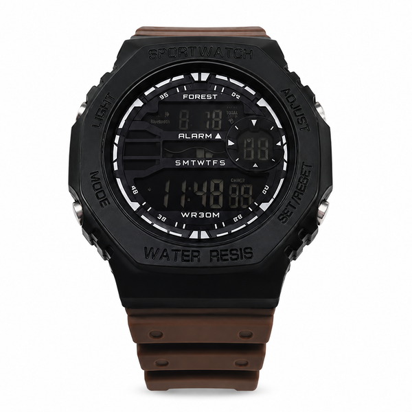 FOREST Sports Digital Watch for Men – Rugged Black Dial with Brown Strap | WR30M Water Resistant